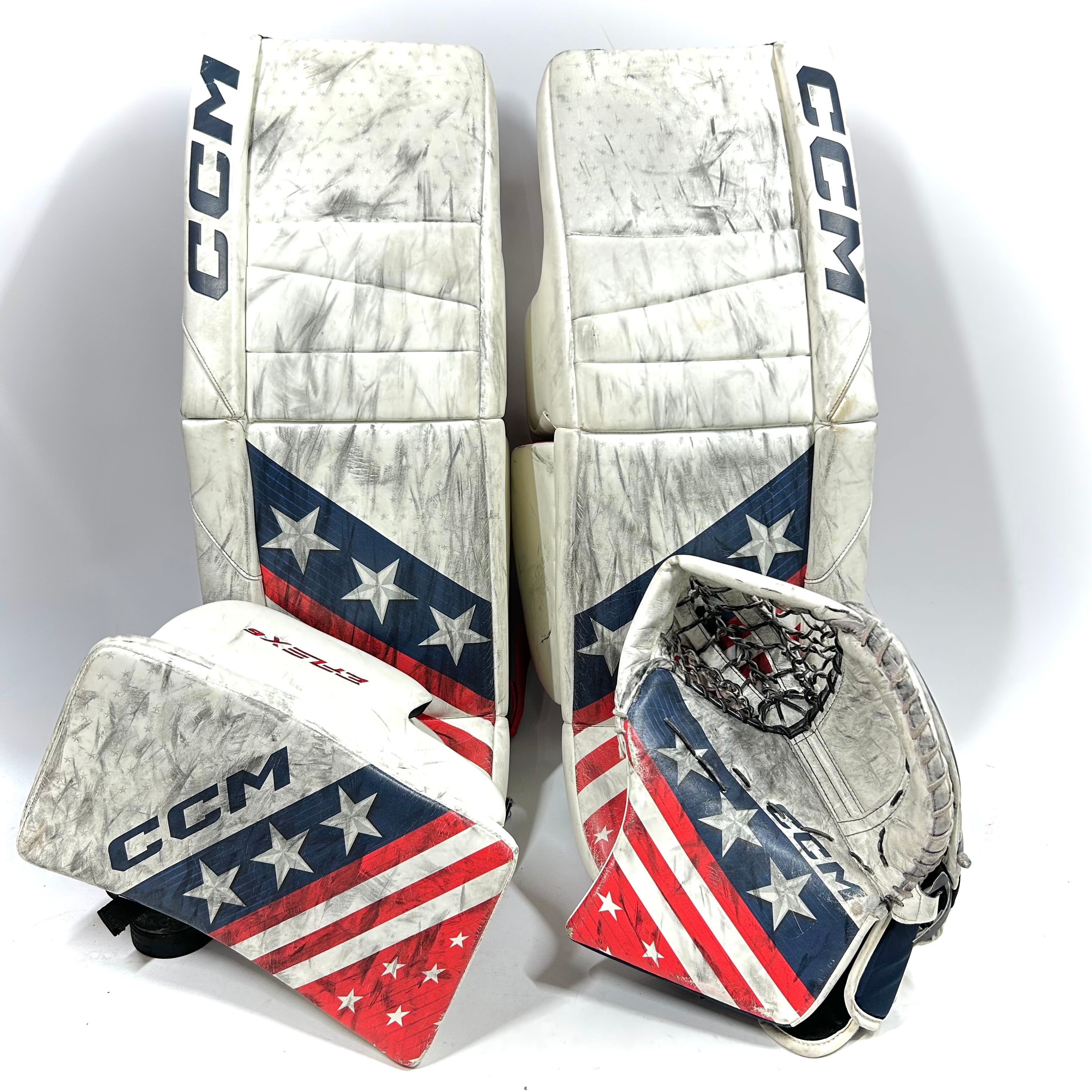CCM Extreme Flex 6 - Ensemble complet de gardien de but senior AHL Pro Stock d'occasion (blanc/rouge/bleu)
